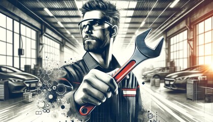Professional Mechanic Holding Wrench in Modern Auto Repair Shop