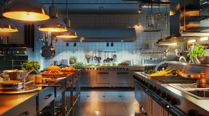 Restaurant kitchen with beautiful lights and delicious food