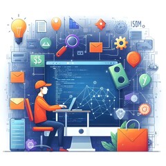 Illustration of an ecommerce analyst analyzing and testing an e-commerce website.. Social network concept.