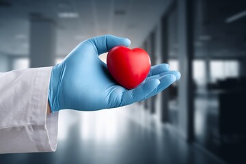 Hands of cardiologist doctor hold red heart