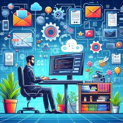 Illustration of a software developer creating an online e-commerce website.