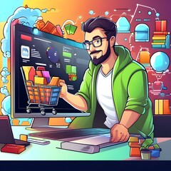 Illustration of a software developer programming for the online e-commerce website.