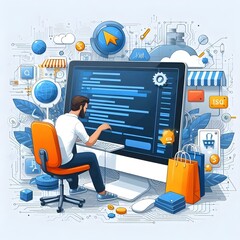Illustration of a software developer programming for the online e-commerce website.. E-commerce marketing and seo.