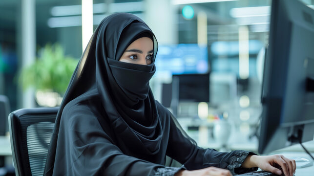 A woman wearing a black niqab is focused on working at a computer in a modern office setting.