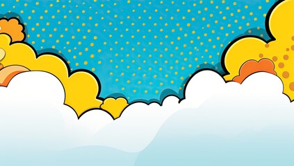 A cartoonish blue background with yellow clouds and stars