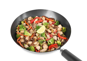 Stir-fry. Tasty noodles with meat and vegetables in wok isolated on white