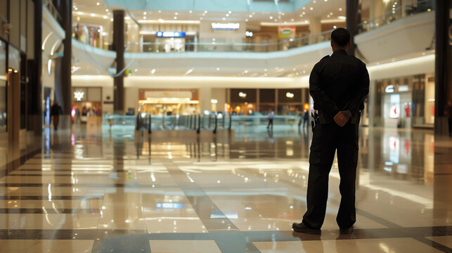 A security guard stands in an empty, brightly lit shopping mall, overseeing the area as storefronts and escalators are visible in the background.