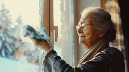 Elderly woman cleaning a window with a cloth, wearing glasses and a cozy outfit, with a wintery snowy background seen through the glass.