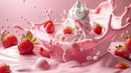 Strawberries and whipped cream in a dynamic splash of pink yogurt, a vibrant and delicious composition