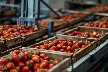 Freshly harvested strawberries packed in wooden crates on a sorting line, ready for shipment.