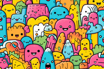Seamless pattern with colorful and funny doodles, high-quality and ready for print