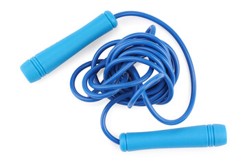 Blue skipping rope isolated on white, top view. Sports equipment