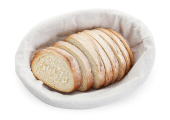 Cut fresh bread in basket isolated on white