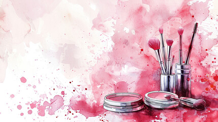 makeup blush lipstick cosmetic products on border of a pink background , card for cosmetics ,Modern fashionable design. Good for cover, invitation, placard, brochure, poster, card, flyer and other.