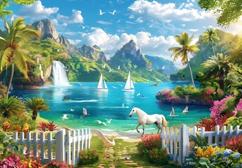 beautiful fantasy garden with white horses, green grass and colorful flowers, beautiful blue lagoon in the background, palm trees, sailing boats on sea, tropical mountain range in distance,  - Powered by Adobe