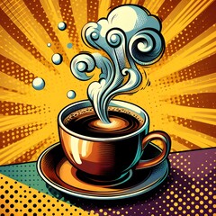 Another captivating hot coffee cup illustration in cartoon pop art style, featuring exaggerated steam curls and a vivid backdrop, perfect for a lively visual treat.