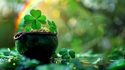 A pot of gold with clover leaves at the end of the rainbow , st. patrick day, banner, copy space