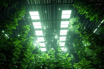LED lighting solutions top view, energyefficient lighting for indoor farming, essential for plant growth, futuristic tone, vivid
