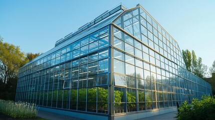 Fototapeta premium Large Modern Greenhouse With Lush Vegetation on a Sunny Day in a Botanical Garden