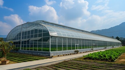 Large Modern Greenhouse With Lush Vegetation on a Sunny Day in a Botanical Garden
