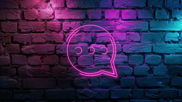 Video footage of Pink glowing Chat, comment neon icon on brick wall background. Looped Neon Lines abstract on black background.Laser Pictogram animation. Seamless loop