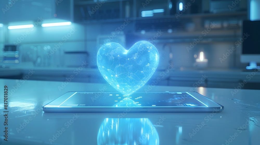 Aufkleber glowing 3d holographic heart displayed on tablet in minimalist setting
