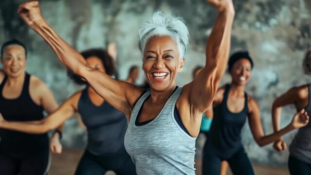 A group of diverse middle-aged women doing exercises in the gym. Active lifestyle during menopause