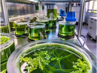 Quality control lab for algae biofuel top view, ensuring purity and efficiency, critical testing processes, digital tone, Analogous Color Scheme