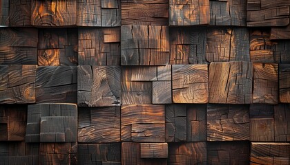 An old wood wall made from thick wooden blocks, conveying rustic charm and the texture of aged materials