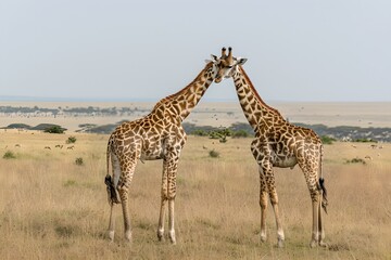 Fototapeta premium Two giraffes facing each other in the savannah. Natural wildlife scene. Calm and tranquil environment. Outdoor photography. Generative AI