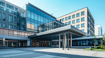 Obraz premium Modern corporate building exterior with large windows, multiple stories, and an expansive entrance area. Contemporary architecture with glass and metal elements.