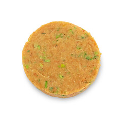 Uncooked lentil cutlet isolated on white, top view. Vegetarian product