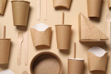 Flat lay composition with eco friendly food packagings on beige background
