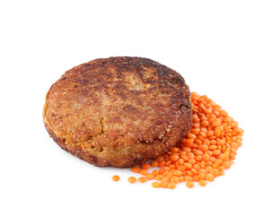 Tasty lentil cutlet and seeds isolated on white. Vegetarian product