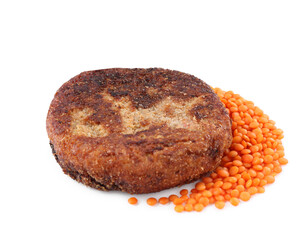 Tasty lentil cutlet and seeds isolated on white. Vegetarian product