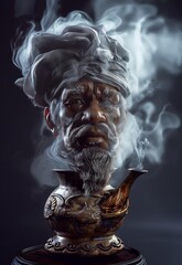 A magic lamp emitting smoke with the face of an old magician emerging from it, photo realistic, fairytale concept.