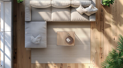 Top-down view of a modern living room with a light gray sectional sofa, a wooden coffee table, and a textured rug on a wooden floor. The room features natural light and indoor plants.