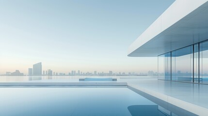 Fototapeta premium Simple white architecture in a bustling city with clear skies. Architectural scenes reminiscent of architectural concept art It features intricate details and perspective.