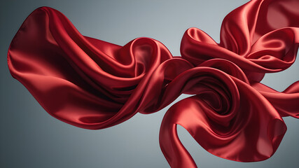 Red satin fabric floating in front of a white background, Generative AI