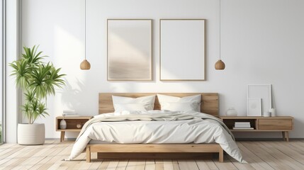 A cozy bedroom with a blank wall space above the headboard, suitable for personalizing with calming art or inspirational quotes in home decor mockups