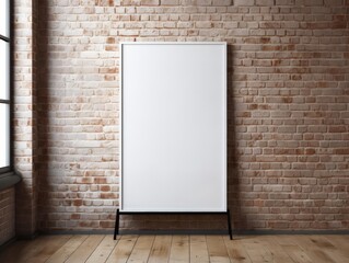 A large blank poster frame on a brick wall in a trendy loft, ideal for artists and designers to showcase their work or event promotions