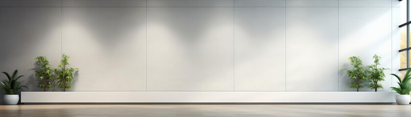A large blank wall space in a corporate office lobby, ideal for companies to mockup potential branding visuals or motivational artwork
