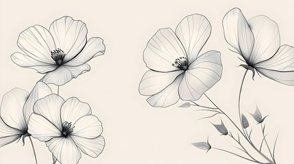 Delicate Minimalist Line Drawing of Elegant Field Flowers on White Background