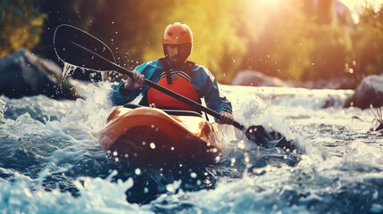 Fototapeta premium A man in a helmet and life jacket navigates through whitewater rapids in a kayak, with a scenic backdrop lit by a warm, glowing sunlight.