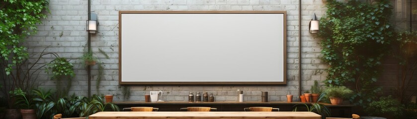 Blank poster frame on the exterior wall of a bustling cafe, offering a realistic setting for outdoor advertising or public notices