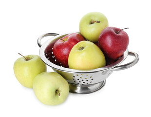 Metal colander with fresh apples isolated on white
