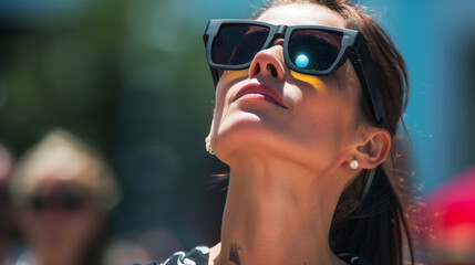 Naklejka premium Close-up of a woman wearing large sunglasses looking up towards the sky. The reflection in her sunglasses shows a bright sun and a clear sky.