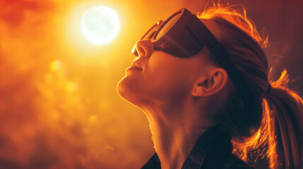A person wearing protective goggles gazes at a bright, glowing celestial object in an orange-hued sky, suggesting an eclipse or other astronomical event.