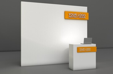 Welcome desk white background, 3d rendering. Perspective view of a registration stand banners. Mockup for events, exhibitions and presentations.	
