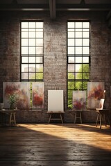 Spacious art studio with multiple blank canvases lined up against a textured brick wall, suitable for artists to plan layouts or gallery installations